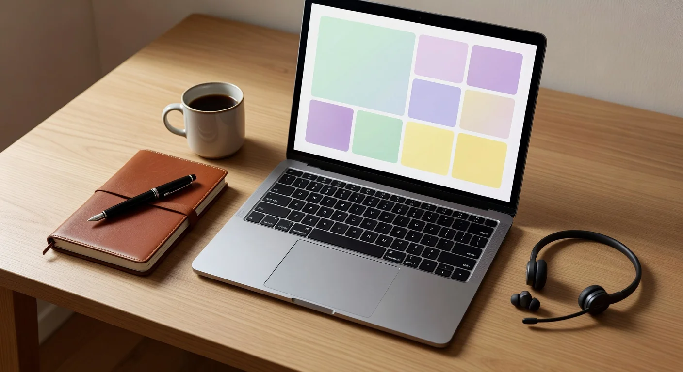 A Hot N Fresh setter workstation: laptop with call brief on screen, headset, notebook
