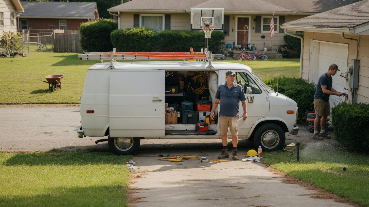 An owner-operator running a service franchise from a work van in a suburban neighborhood